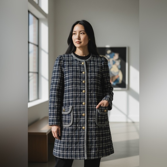 joan sparks Jackets & Blazers - Vintage Joan Sparks for Daniel Barrett Metallic Plaid Long Cardigan Coat